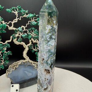 Natural Moss Agate Crystal Tower Large 7" Green Druzy Point Grounding 2